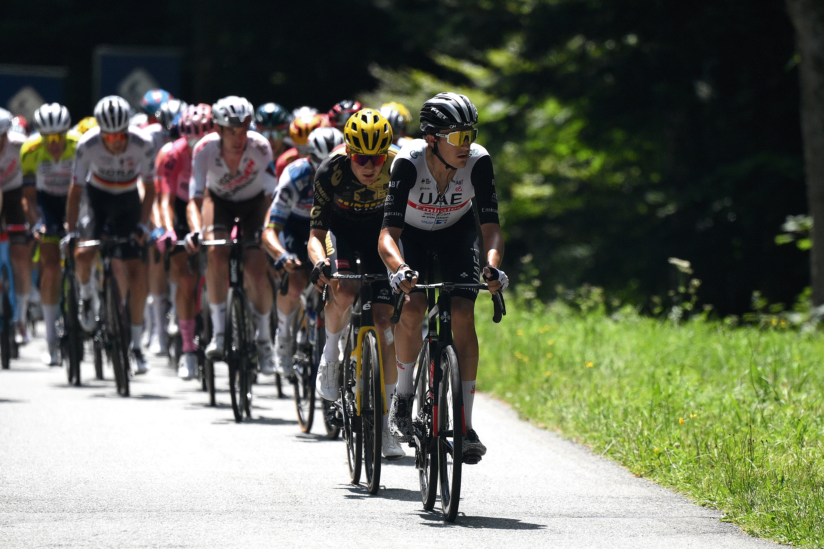 LE-MARKSTEIN, FRANCE - JULY 22: (L-R) Wilco Kelderman of The Netherlands and Team Jumbo-Visma and Marc Soler of Spain and UAE Team Emirates lead the peloton during the stage twenty of the 110th Tour de France 2023 a 133.5km stage from Belfort to Le Markstein 1192m / #UCIWT / on July 22, 2023 in Le Markstein, France. (Photo by David Ramos/Getty Images)