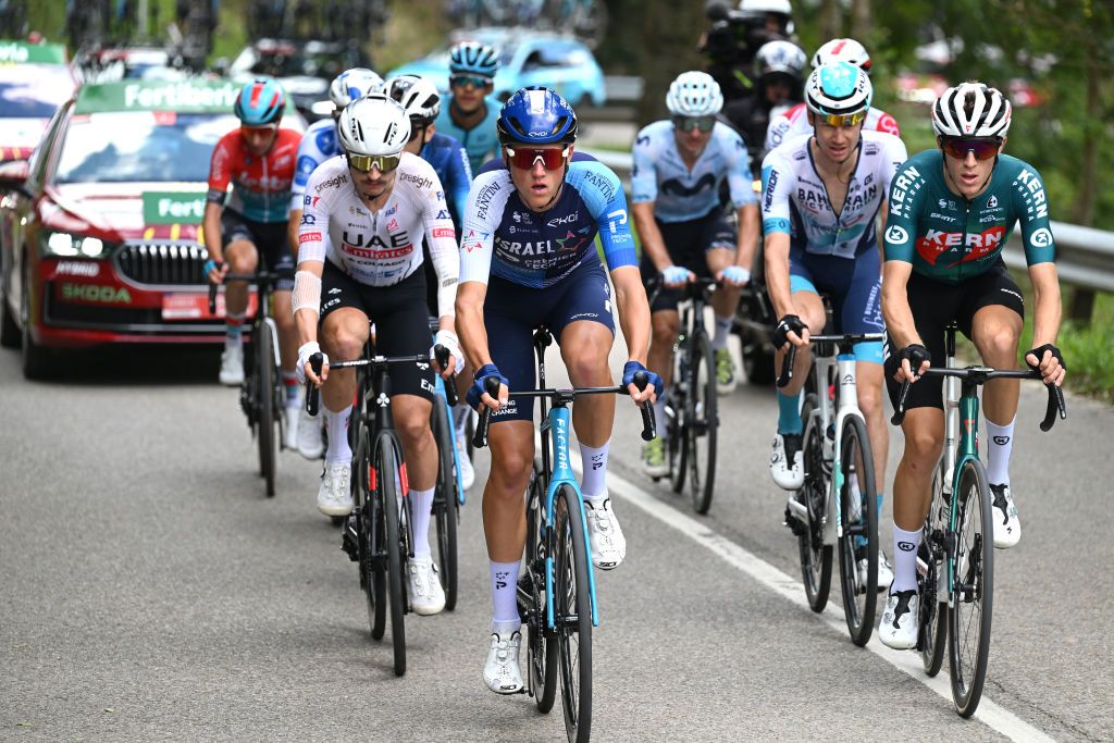 PICON BLANCO BURGOS SPAIN SEPTEMBER 07 LR Jay Vine of Australia and UAE Team Emirates Marco Frigo of Italy and Team Israel Premier Tech and Pablo Castrillo of Spain and Team Equipo Kern Pharma compete in the breakaway during the La Vuelta 79th Tour of Spain 2024 Stage 20 a 172km stage from Villarcayo to Picon Blanco 1491m UCIWT on September 07 2024 in Picon Blanco Burgos Spain Photo by Tim de WaeleGetty Images