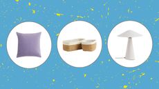 H&M Home sale items including a purple throw pillow, woven storage bins, and a modern white lamp on a blue and yellow speckled background