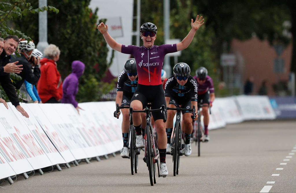 WEERT NETHERLANDS AUGUST 27 Lonneke Uneken of Netherlands and Team SD Worx celebrates winning during the 23rd Simac Ladies Tour 2021 Stage 3 a 1259km stage from Stramproy to Weert SLT2021 UCIWWT on August 27 2021 in Weert Netherlands Photo by Bas CzerwinskiGetty Images