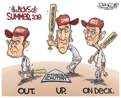Political cartoon U.S. baseball Scott Pruitt Wilbur Ross Ryan Zinke EPA corruption Trump administration