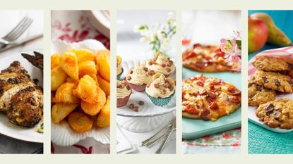  composite of 5 different foods all cooked in an air fryer