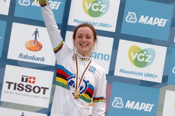 Elinor Barker (Great Britain) with the gold medal and rainbow jersey for the