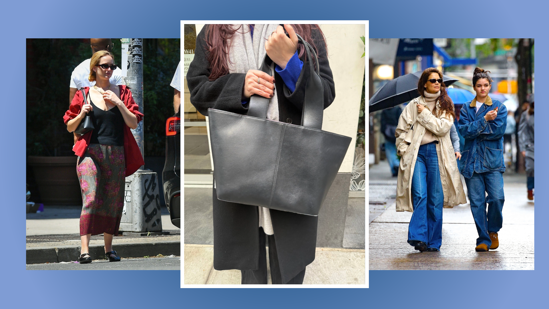 photo collage of jennifer lawrence, katie holmes, suri cruise, with brooke knappenberger carrying freja tote back with white border overlaid on blue gradient background