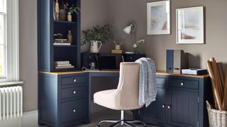 blue home office with swivel desk chair