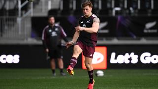 Ruben Love kicks a ball during the New Zealand All Blacks Captain's Run at One New Zealand Stadium on July 03, 2026 in Christchurch, New Zealand