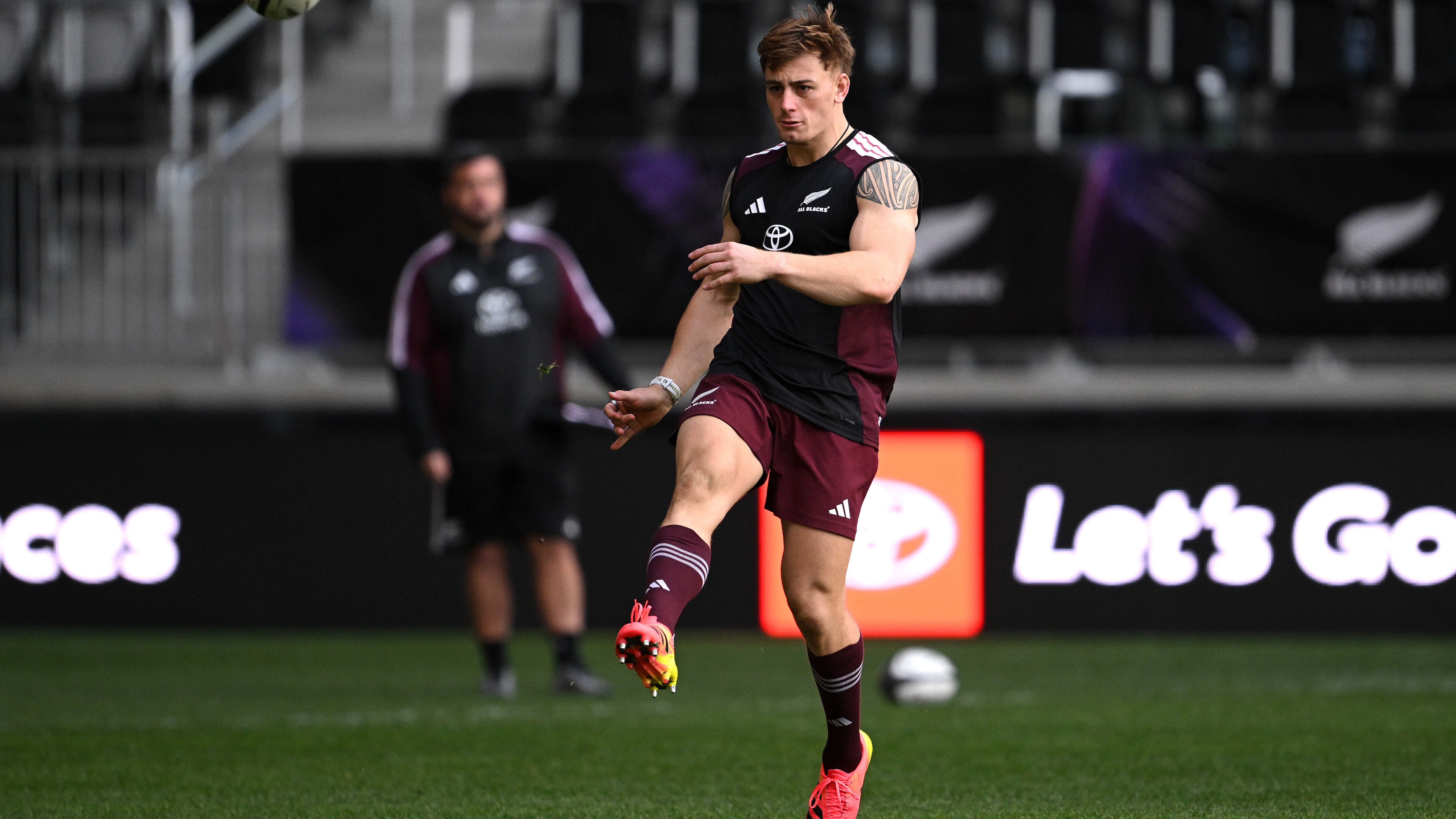Ruben Love kicks a ball during the New Zealand All Blacks Captain's Run at One New Zealand Stadium on July 03, 2026 in Christchurch, New Zealand