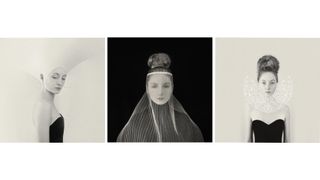 A triptych of a lady dressed up in renaissance clothing in black and white