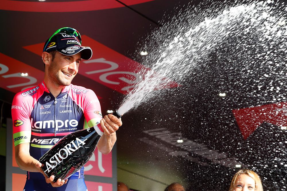 Diego Ulissi (Lampre-Merida) on the podium after winning stage 4 of the Giro d&rsquo;Italia