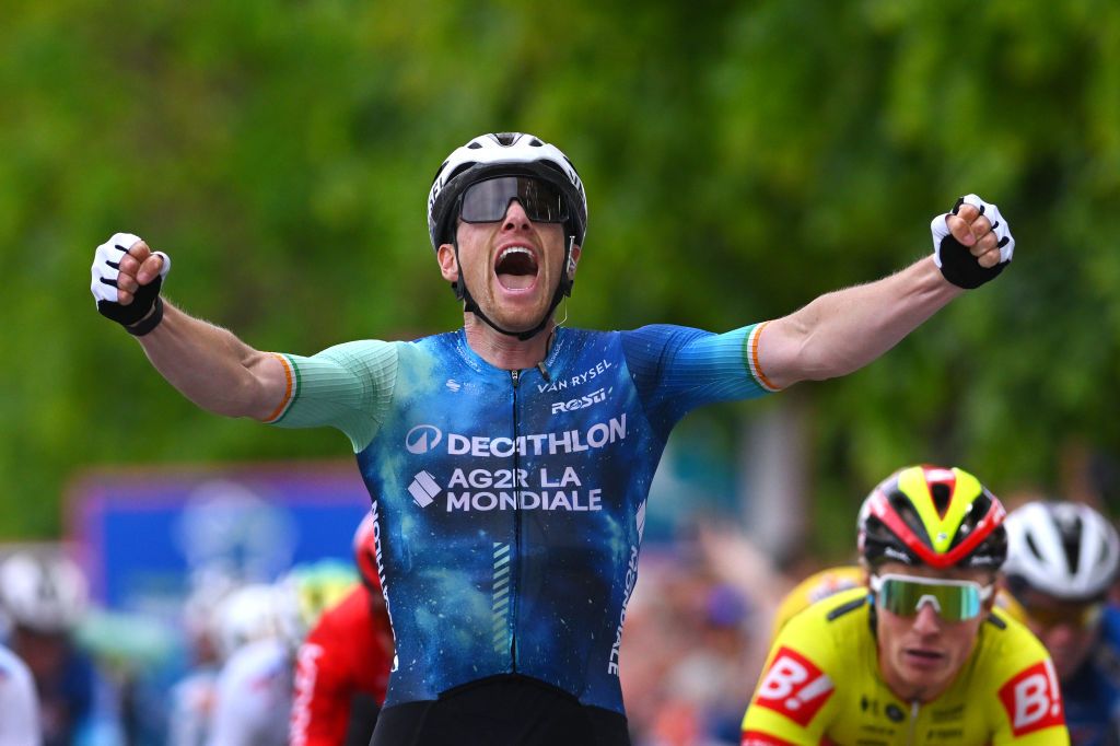 ABBEVILLE FRANCE MAY 15 Sam Bennett of Ireland and Decathlon AG2R La Mondiale Team celebrates at finish line as stage winner during the 68th 4 Jours de Dunkerque Grand Prix des Hauts de France 2024 Stage 2 a 1843km stage from Wimereux to Abbeville on May 15 2024 in Abbeville France Photo by Luc ClaessenGetty Images