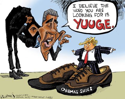 Political Cartoon U.S. Obama Trump big shoes to fill