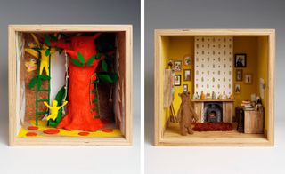 Two side-by-side photos of artistic interpretations of a dolls’ house in square, wooden boxes by several London-based design studios. The first box features corkboard walls, an orange tree trunk, green leaves, a green slide and ladder, rope, yellow people, a yellow path with orange spots and chalk drawings on the walls. And the second box features yellow and white patterned walls, wood flooring, a rug, a desk and chair, wall-mounted shelving, a fireplace with items on top, a bear and framed images of bears on the wall