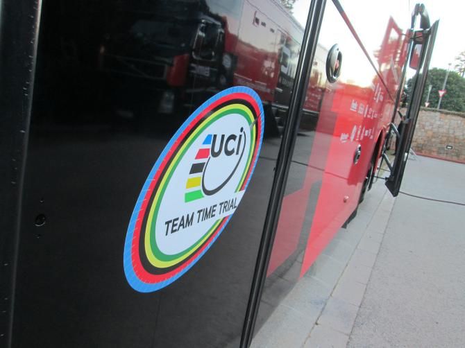 World champions of the team time trial, the BMC Racing Team's vehicles all sport this special sticker commemorating the achievement.