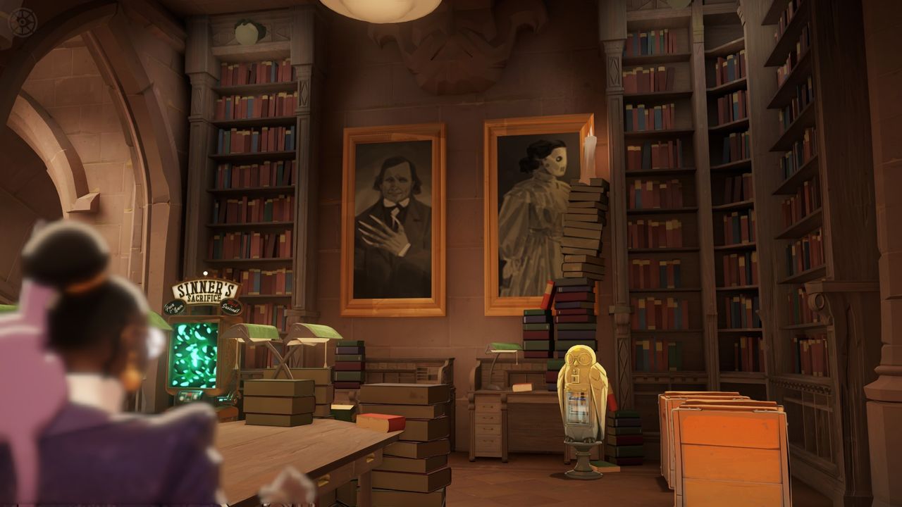 A library in the Greenwich district in Deadlock, displaying portraits of a claw-handed man and a masked woman.