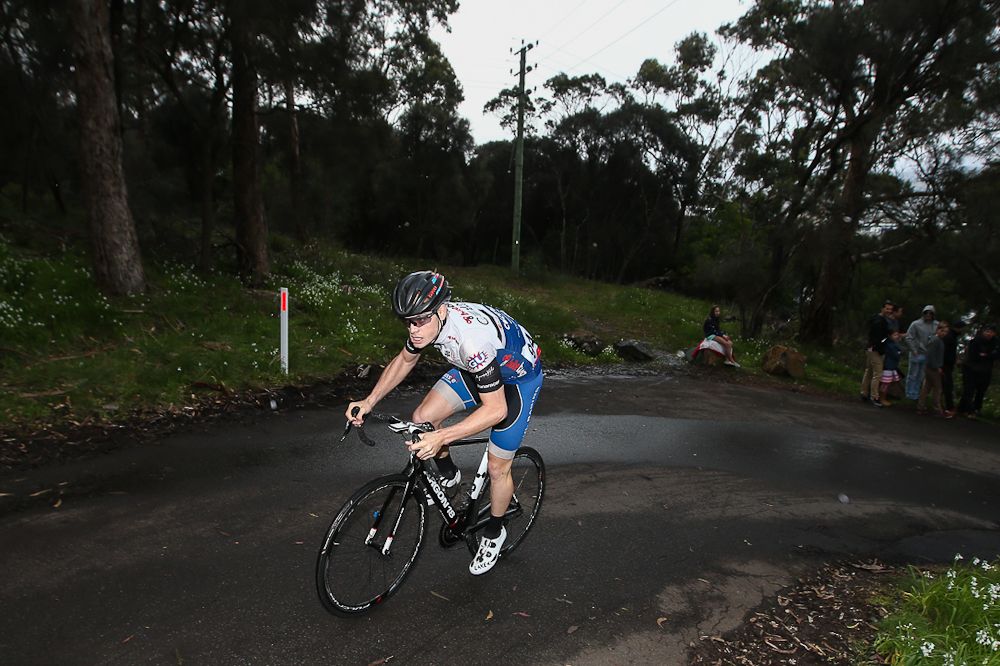 Darcy Pirotta climbs during the short Tasmania prologue