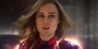 Brie Larson bears an uncertain expression as Carol Danvers in Captain Marvel