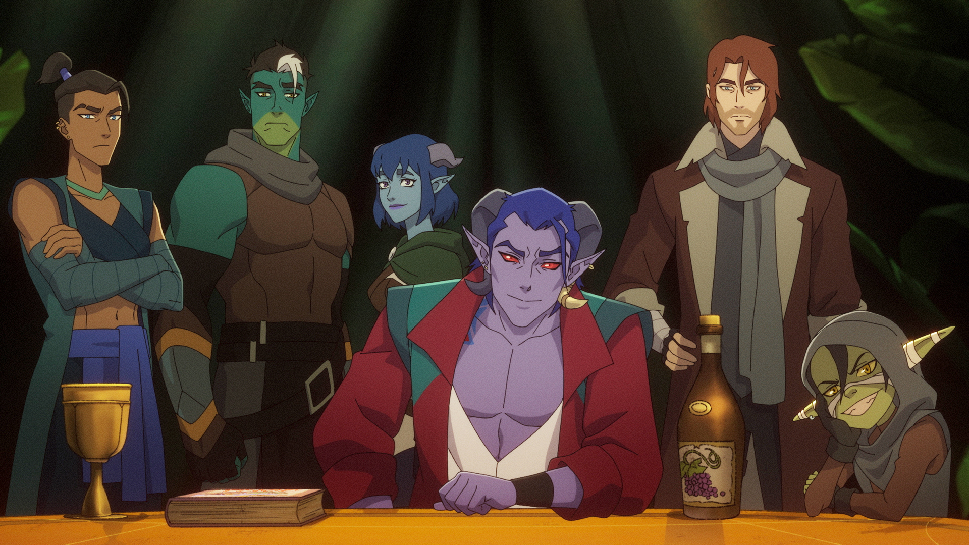 Mollymauk sitting at a table as the rest of The Mighty Nein stand behind it