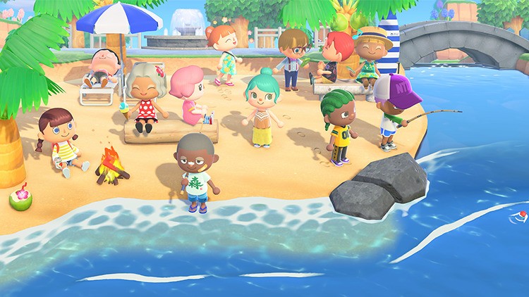 12 players enjoy the beach in Animal Crossing: New Horizons for Switch 2