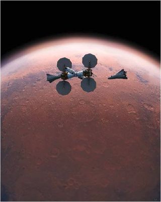 Artist's illustration of Mars Base Camp and reusable sortie rockets flying high over the Red Planet.