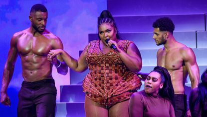  Lizzo performs live on stage during The BRIT Awards 2020 at The O2 Arena on February 18, 2020 in London, England.