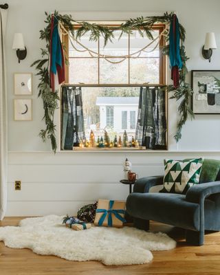 A wintry color palette of blues, greens and burgundies