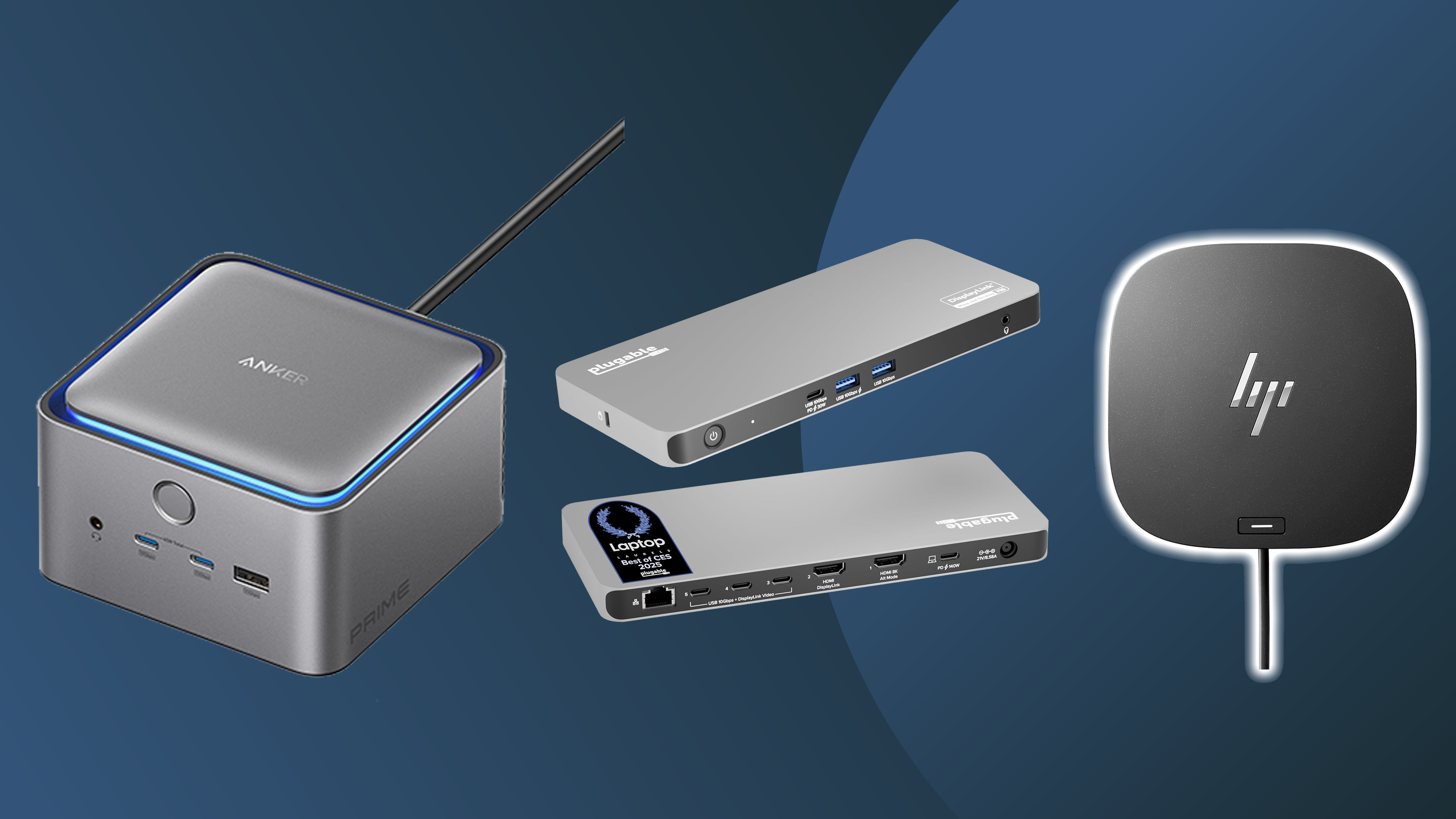 Three of the best docks for MacBook Pro on a dark blue background
