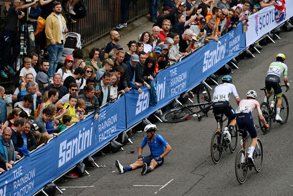 GLASGOW SCOTLAND AUGUST 06 Matteo Trentin of Italy crashes during the 96th UCI Cycling World Championships Glasgow 2023 Men Elite Road Race a 2711km one day race from Edinburgh to Glasgow UCIWT on August 06 2023 in Glasgow Scotland Photo by Dario BelingheriGetty Images