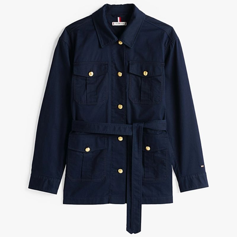 navy utility jacket gold buttons waist tie