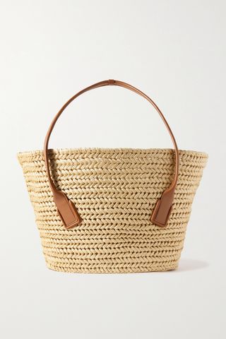 Medium Leather-Trimmed Raffia Tote