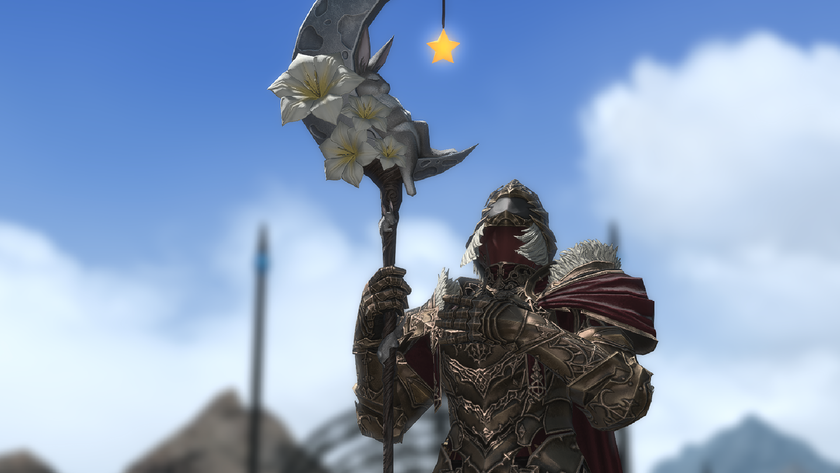 A healer, dressed in full platemail, holds a staff with a cute bunny in it in Final Fantasy 14.