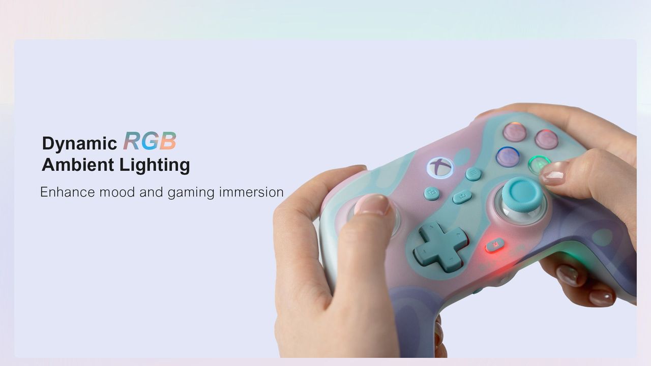 Someone holding the GameSir T7 Pro with an explanation of dynamic RGB lighting next to it