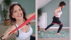 Kerry Law doing Pilates with resistance bands at home, holding band up to camera