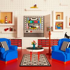 lego living room with red floor and blue lego armchair