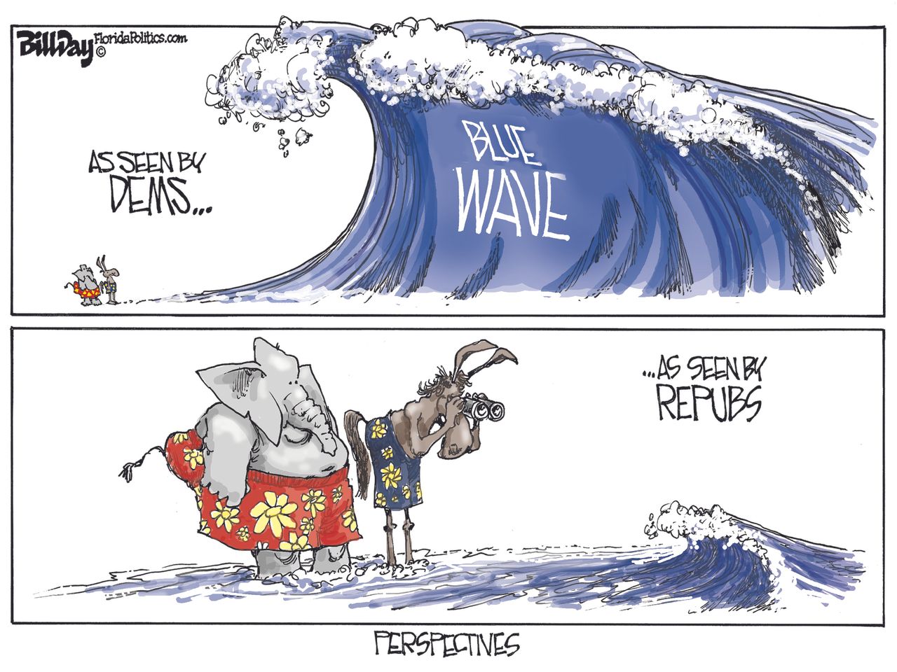 Political cartoon U.S. midterm elections blue wave Democrats Republicans perspectives