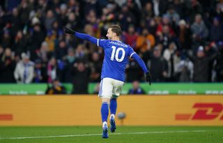 Leicester City’s James Maddison celebrates scoring their side’s first goal of the game during the Premier League match at the King Power Stadium, Watford. Picture date: Sunday November 28, 2021