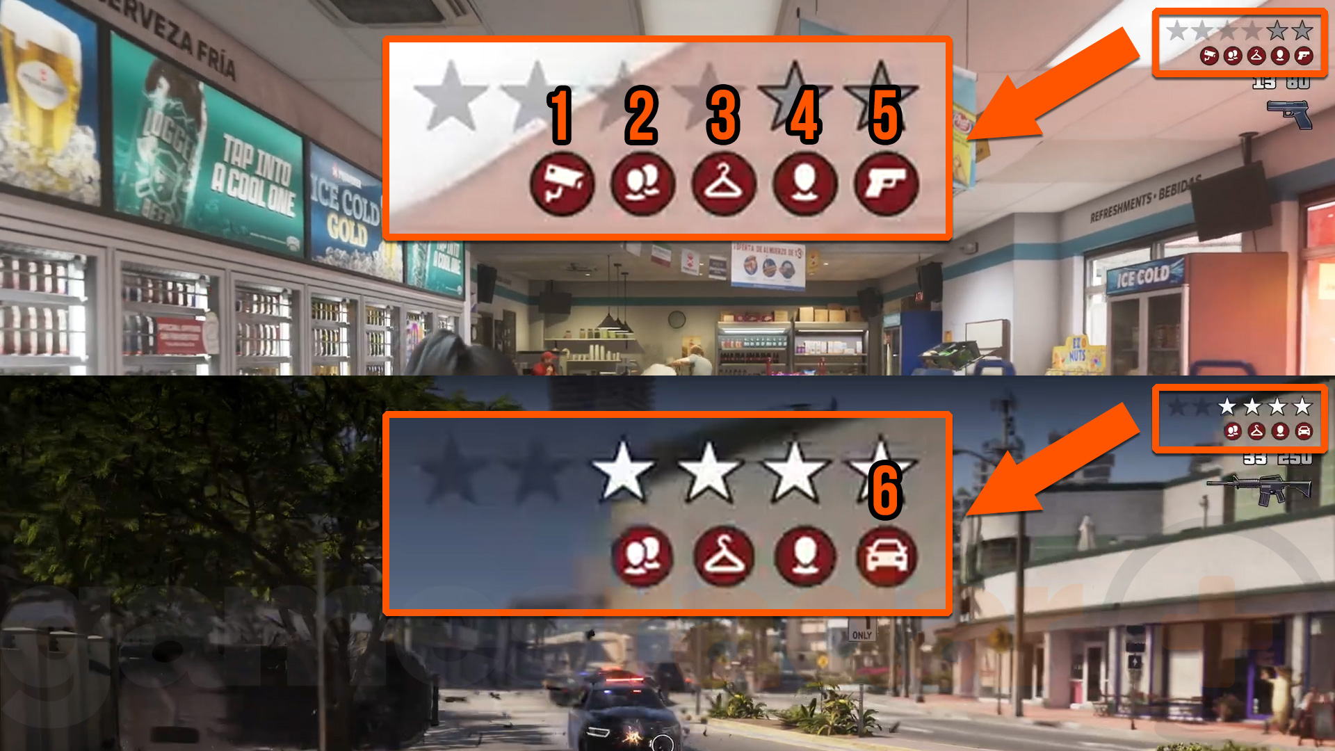 GTA 6 Heat system icons indicating clues the cops are using to track you down