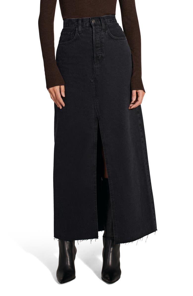 the Sadie High Waist Raw Hem A-Line Denim Skirt