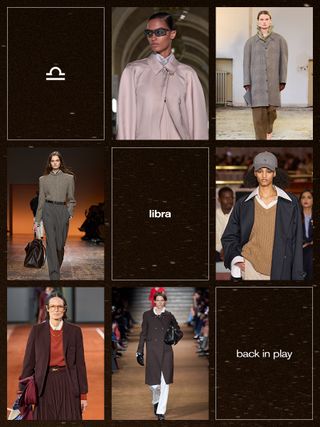 a collage showing the best fall trend for the zodiac sign Libra with the sportswear trend shown on the runway of Tory Burch, Carven, Tommy Hilfiger, Miu Miu, Lacoste, and Bottega Veneta