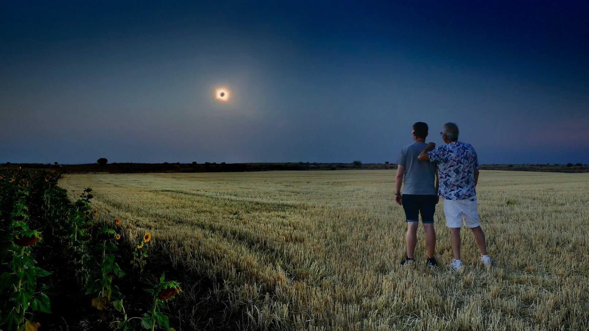 Two men standing in a field, observing the total solar eclipse totality with glowing solar corona in a darkened sky. The surrounding field and sunflower crop are bathed in twilight during the day.