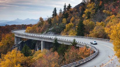North Carolina, Linville, Linn Cove Viaduct that goes around Grandfather Mountain on the Blue Ridge Parkway, autumn.