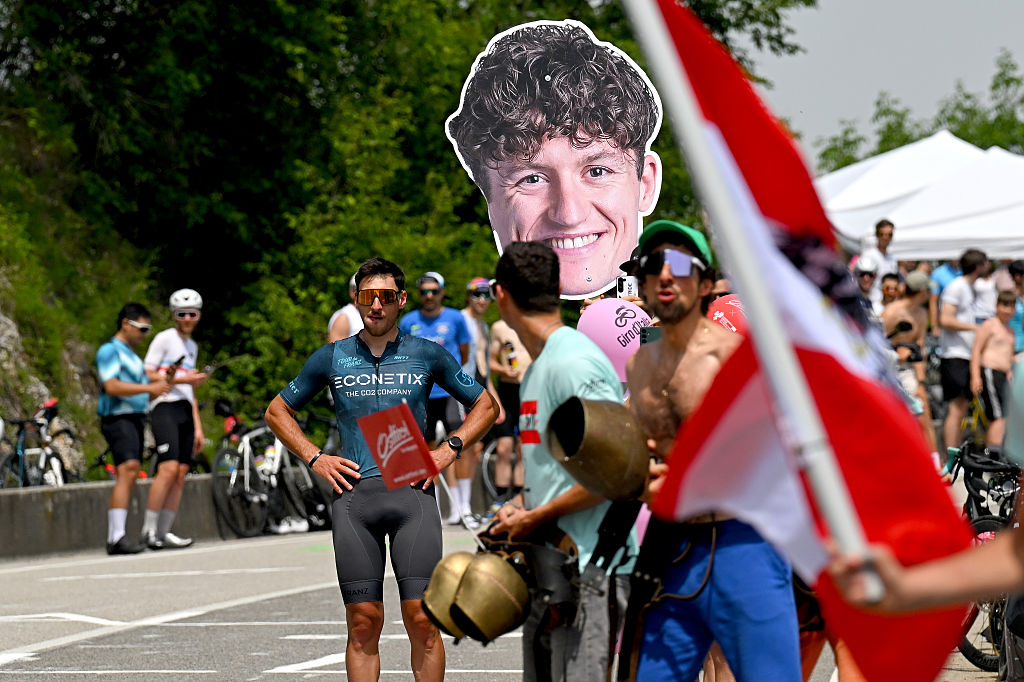 PIANCAVALLO, ITALY - MAY 30: Fans of Felix Gall of Austria and Team Decathlon CMA CGM during the 109th Giro d&amp;amp;apos;Italia 2026, Stage 20 a 200km stage from Gemona del Friuli to Piancavallo 1289m / #UCIWT / on May 30, 2026 in Piancavallo, Italy. (Photo by Tim de Waele/Getty Images)