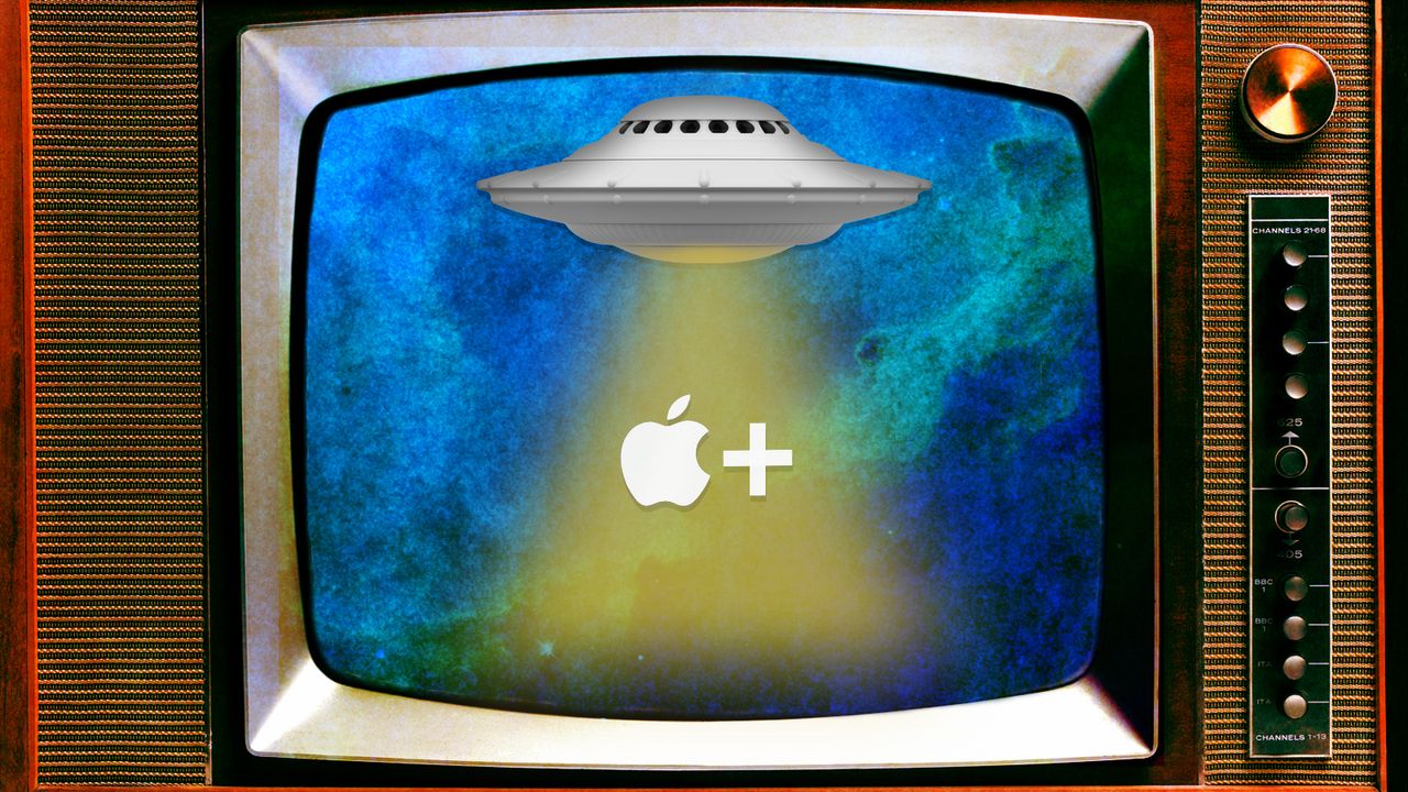 A television screen with the Apple logo