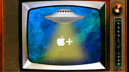 A television screen with the Apple logo