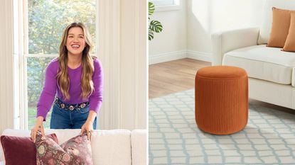 a split screen with kelly clarkson on the left and her ottoman for wayfair on the right