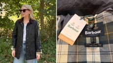 Caroline Parr wearing a Barbour jacket, and the labels on the inside of the Barbour Bednell jacket
