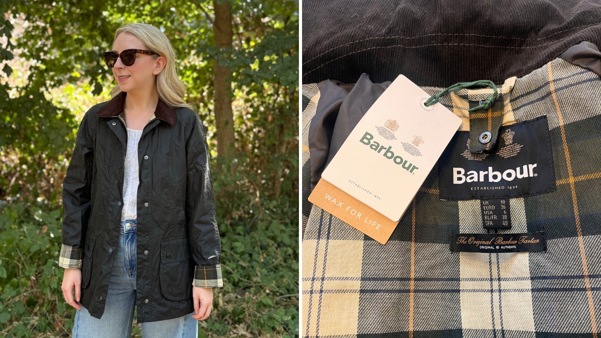 Caroline Parr wearing a Barbour jacket, and the labels on the inside of the Barbour Bednell jacket