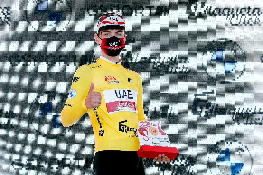 ALCALA LA REAL SPAIN FEBRUARY 17 Alessandro Covi of Italy and UAE Team Emirates celebrates at podium as Yellow Leader Jersey winner after the 68th Vuelta A Andalucia Ruta Del Sol 2022 Stage 2 a 1506km stage from Archidona to Alcal La Real 982m 68RdS on February 17 2022 in Alcala la Real Spain Photo by Bas CzerwinskiGetty Images