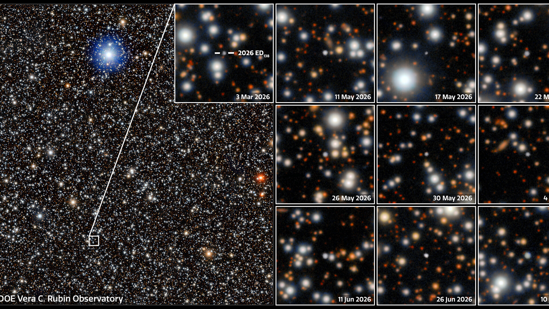 A mosaic of images captured by NSF&ndash;DOE Vera C. Rubin Observatory of the newly discovered dwarf planet candidate 2026 ED138 (ED138). 