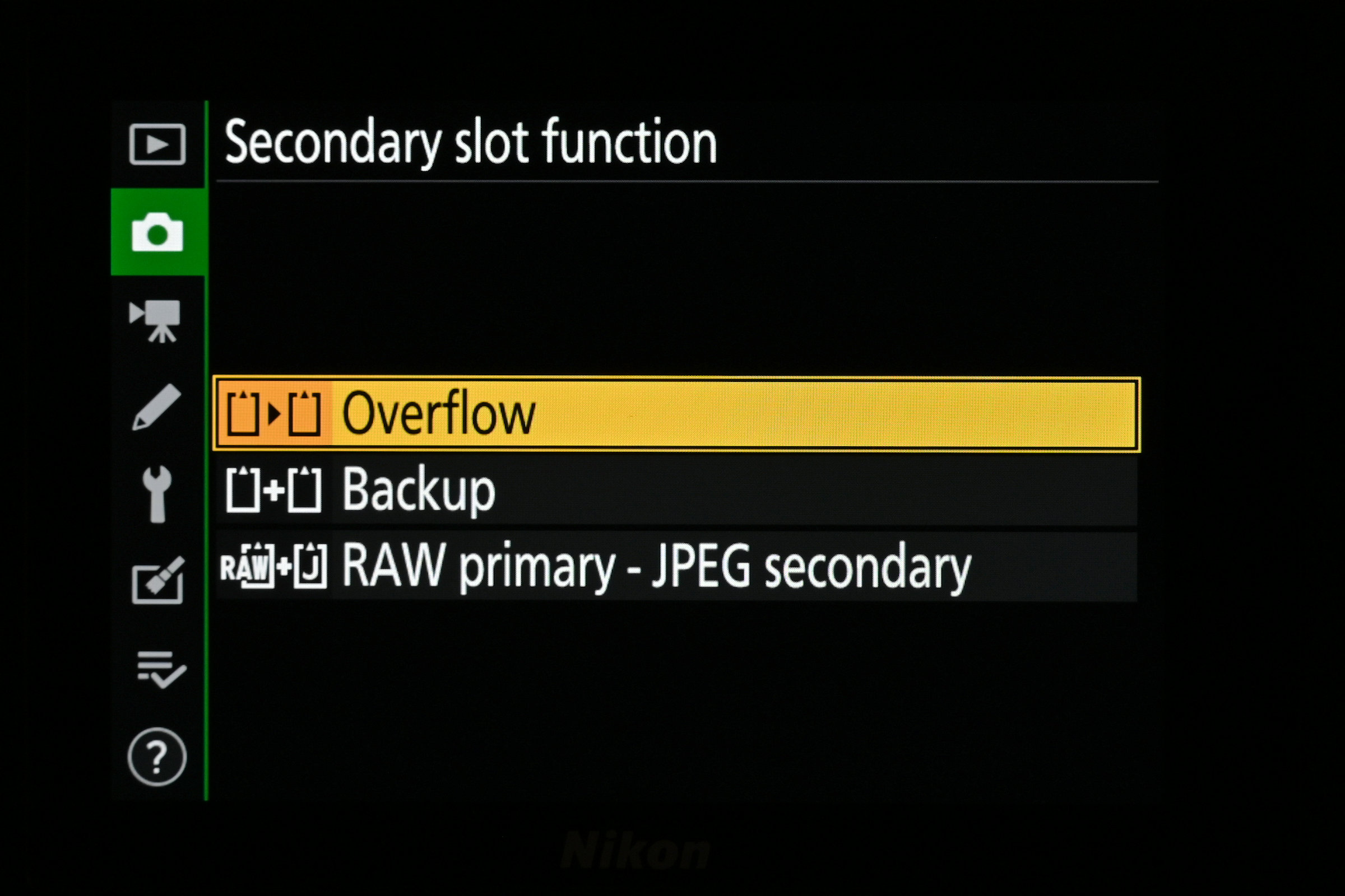 Nikon menu screens for dual memory cards