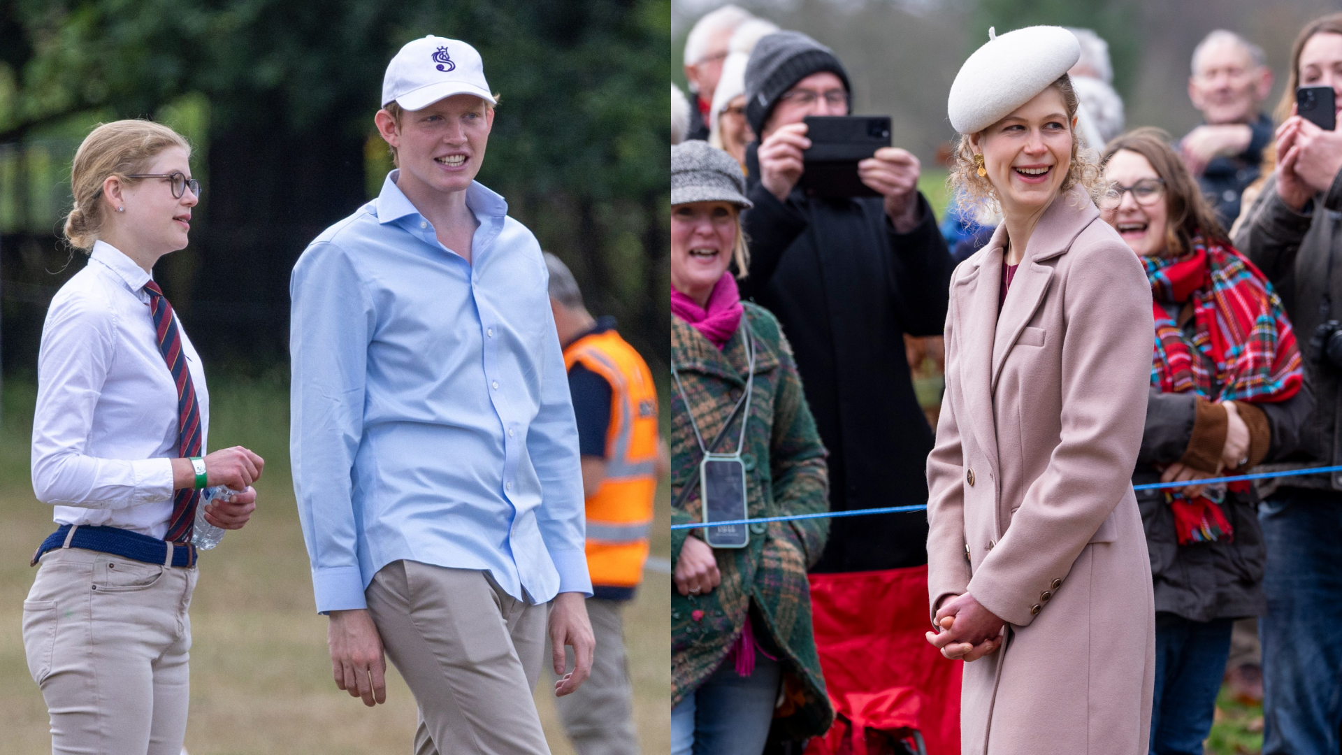 Lady Louise Windsor standing next to Felix da Silva-Clamp in a field; Lady Louise wearing a pink coat laughing in front of a crowd on Christmas day